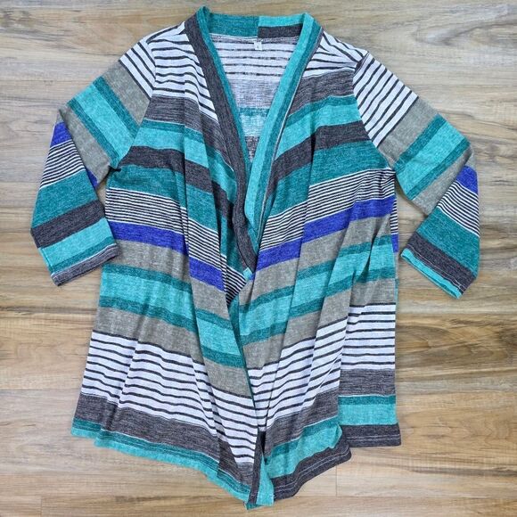 🔸️Blue, Teal, & Gray Striped Cascading Open Front Cardigan Kimono Large - Picture 5 of 12